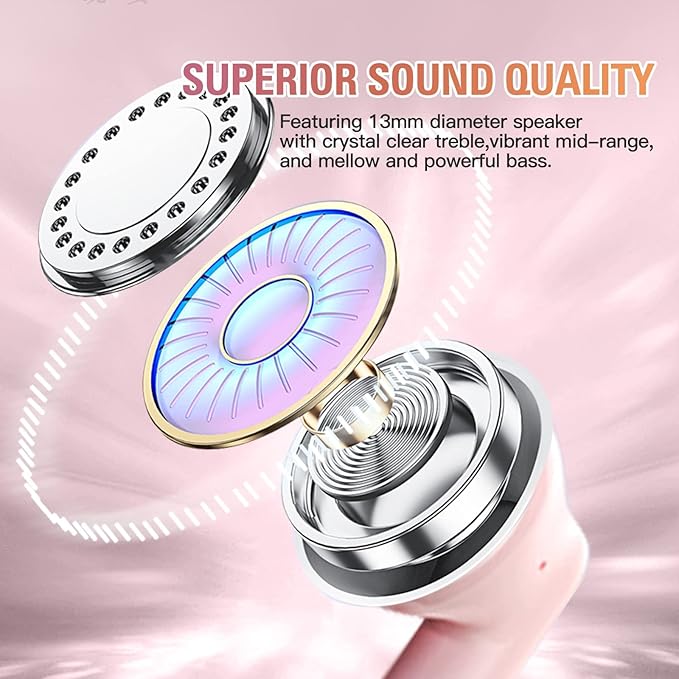 Pink True Wireless Earbuds Bluetooth 5.3 with Microphone for Working Out Noise Canceling Blue Tooth Ear Buds Deep Bass TWS Wireless Earphones with Charging Case in Ear Headphone for iPhone Android