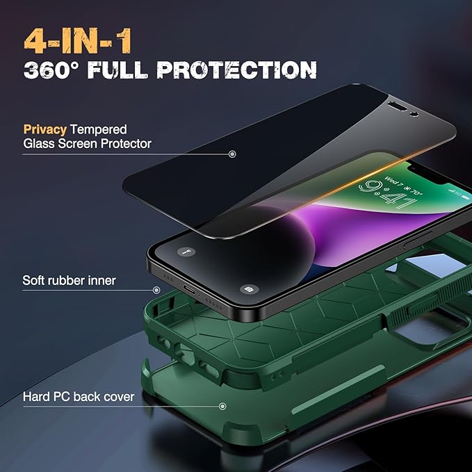 Diaclara Designed for iPhone 14 Case, [with Privacy Screen Protector] [Anti Spy] [Military Grade Drop Protection] Heavy Duty Full-Body Shockproof Phone Case, Green