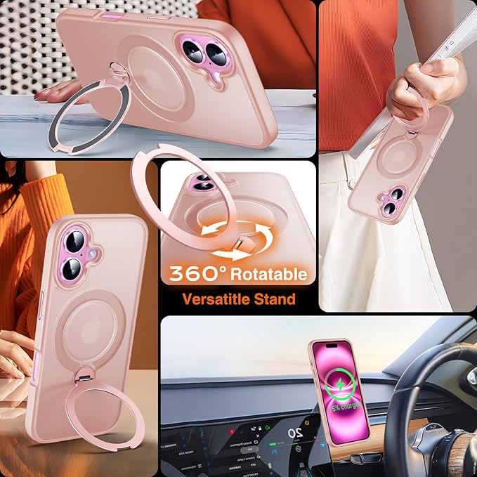 360° O-Ring MagStander for iPhone 16 Case with Magnetic Kickstand Ring Holder [Compatible with MagSafe][360°Rotate Stand Ring][Military Shockproof] Magnet iPhone 16 Phone Cover Matte Pink