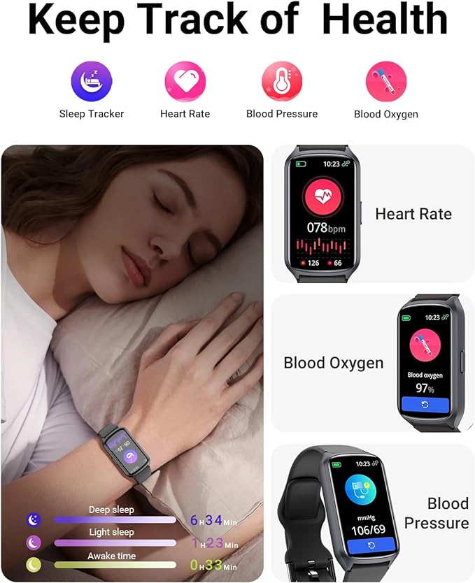 Health Fitness Tracker with 24/7 Heart Rate, Blood Oxygen, Blood Pressure, Sleep Tracker, 5ATM Waterproof Activity Trackers with Step Tracker, Pedometer (S & L Bands Included)