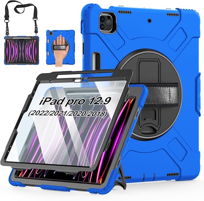 Case for iPad Pro 12.9 2022/2021/ 2020/2018: Cover for iPad Pro 12.9 6th/ 5th/ 4th/ 3rd Generation with Screen Protector- Stand- Pencil Holder- Handle- Shoulder Strap Blue