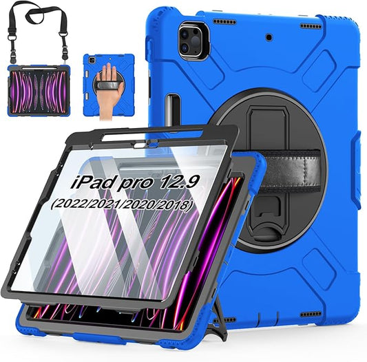 Case for iPad Pro 12.9 2022/2021/ 2020/2018: Cover for iPad Pro 12.9 6th/ 5th/ 4th/ 3rd Generation with Screen Protector- Stand- Pencil Holder- Handle- Shoulder Strap Blue
