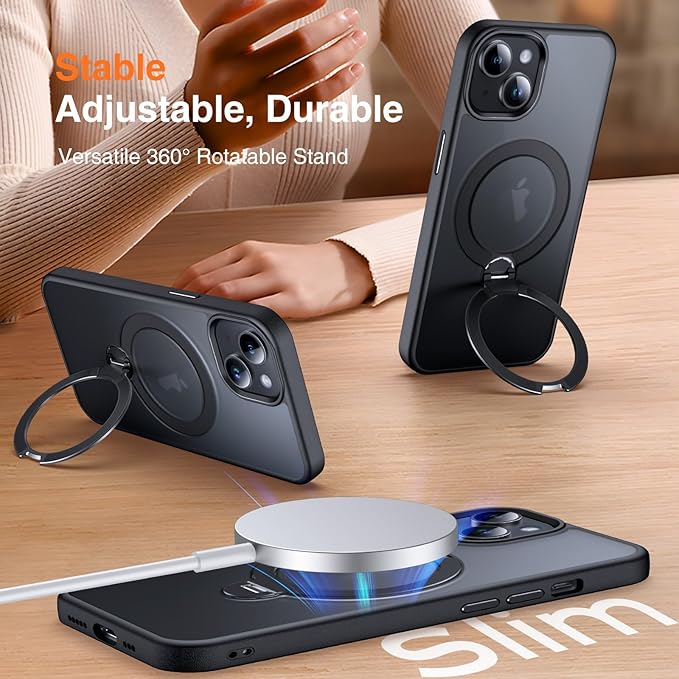 360° O-Ring MagStander for iPhone 13 Case, iPhone 14 Case with Magnetic Stand Ring Holder [Compatible with MagSafe][15FT Military Shockproof] Kickstand iPhone 13/14 Phone Cover Matte Black