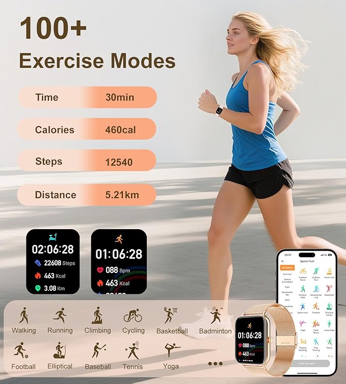 Smart Watch for Women with Bluetooth Call Answer/Dail,1.85" DIY Dial Fitness Watch with Heart Rate Sleep Monitor Step Counter 120+ Sports Modes Waterproof Women's Smart Watch for Android iOS (Gold)