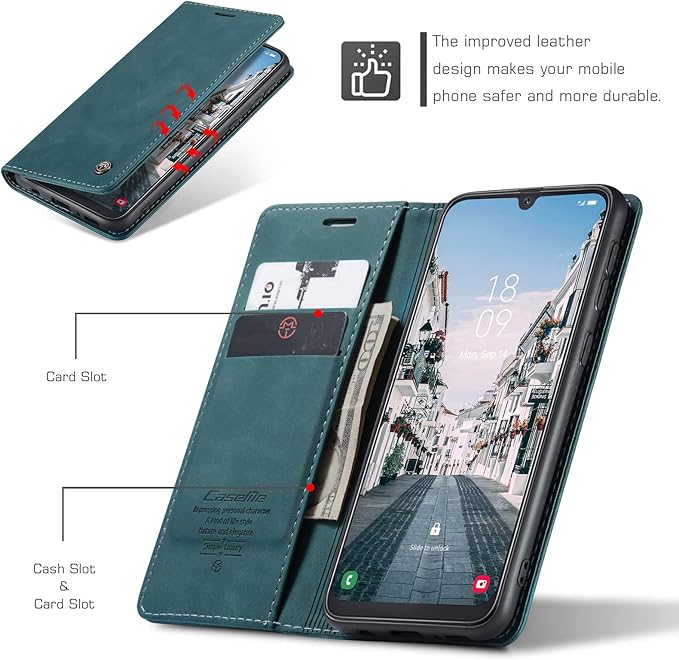 for Samsung Galaxy A50 Case, Flip Wallet Leather Case with Card Holder Magnetic Closure Shockproof Kickstand Protective Phone Cases Cover for Samsung A50,Blue-Green