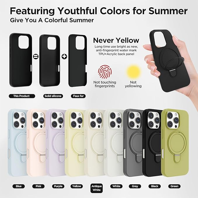 Magnetic Stand for iPhone16 Pro Case with Kickstand 【Lab-Certified Protection】【Not Yellowing】【Anti-Fingerprint】 Durable, Enhanced Grip, Slim，Black，iPhone 16 Pro 6.3"