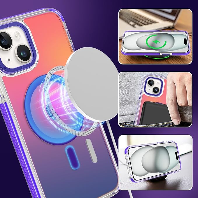 MOWIME Magnetic Case for iPhone 15 Plus [Compatible with Magsafe] [Cute Fashion Fluorescent Design] [1 Screen Protector] Slim Translucent Matte Case for iPhone 15 Plus 6.7" 2023, Purple