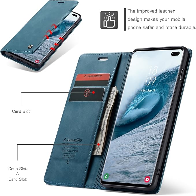 for Samsung Galaxy S10 Plus Case, Flip Wallet Leather Case with Card Holder Magnetic Closure Shockproof Kickstand Protective Phone Cases Cover for Samsung S10 Plus,Blue-Green