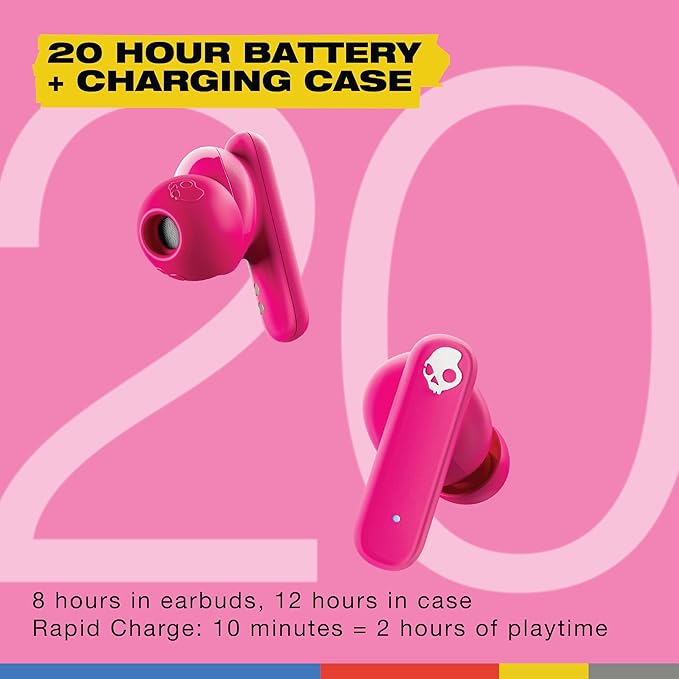 Skullcandy Smokin’ Buds Wireless Earbuds, Bluetooth Headphones, Noise Isolating Fit, Up to 20 Hours Battery, IPX4 Sweat and Water Resistant, Microphone for iPhone Android - Pink