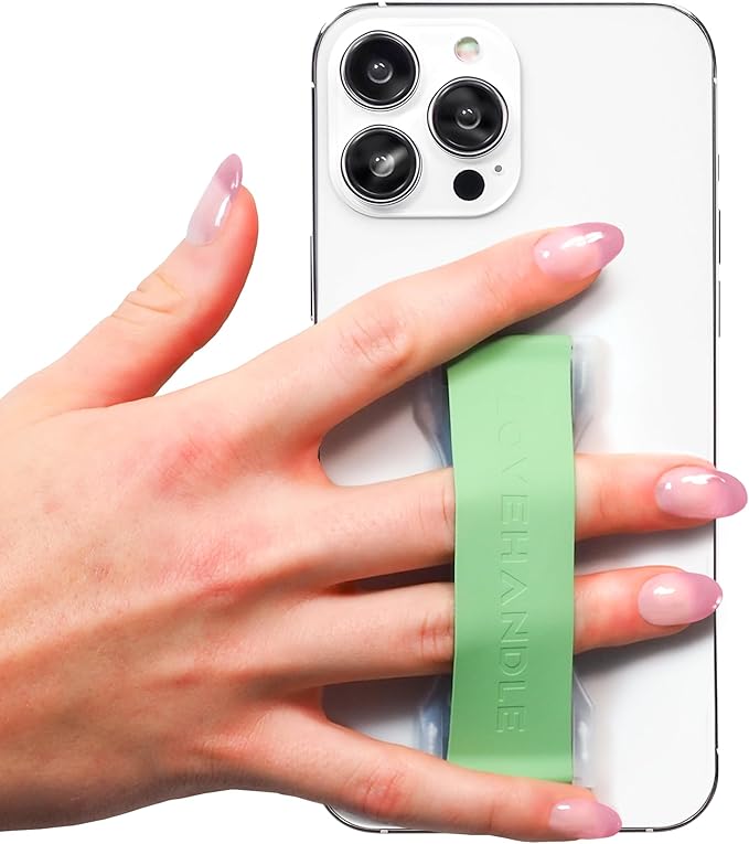 LOVEHANDLE PRO Premium Phone Grip - Silicone Phone Strap - Magnetic Phone Mount and Kickstand for Smartphone and Tablet - Fern Green Silicone on Clear Base