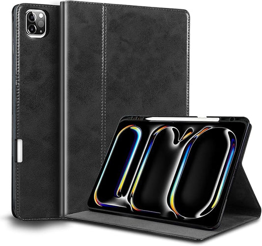 for Ipad Pro 11-inch Case M4 5th Gen 2024(Model:A2836/A2837) Genuine Leather Cover Protective Shell,Built-in Pencil Holder and Auto Wake/Sleep.Black
