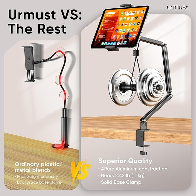 Urmust Tablet Stand for Desk, Adjustable iPad Holder Clamp Mount, 360° Rotation, Sturdy Aluminum Tablet Arm Mount for 4.7"-13" iPad Pro/Air/Mini, iPhone, Galaxy Tab, for Kitchen, Work, Video Call