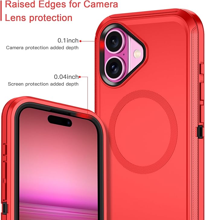 for iPhone 16 Plus Case [Compatible with MagSafe] Shockproof 3-Layer Full Body Protection [Without Screen Protector] Rugged Heavy Duty Cover Case for Apple iPhone 16 Plus 6.7",Red/Black