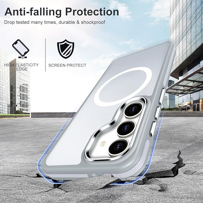 Case for Samsung Galaxy S25 Compatible with Magsafe, Built-in Kickstand for Translucent Matte S25 Phone Case, Non-Slip TPU Cover Drop Protection Magnetic Case for Galaxy S25 (Grey/White)