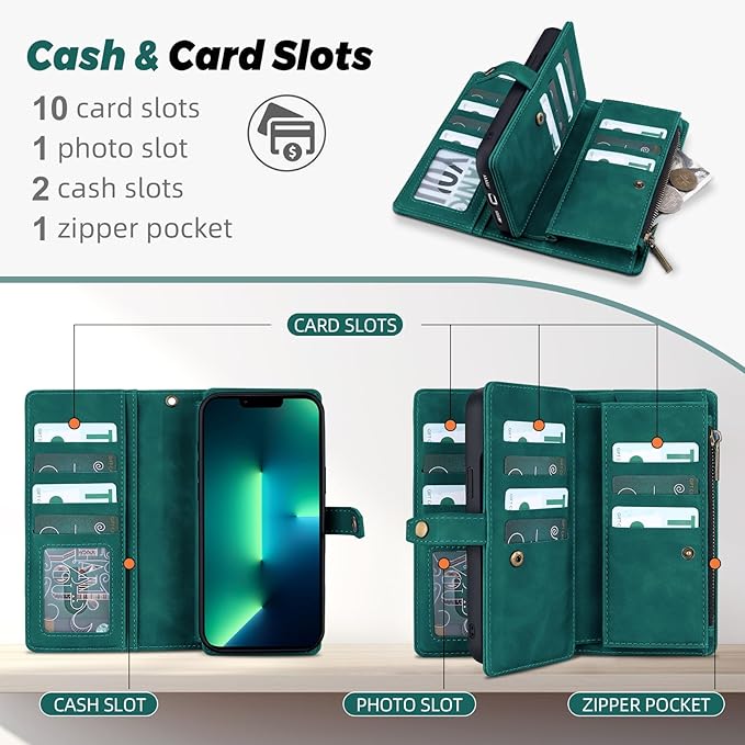 TwoHead for iPhone 13 Pro Max Wallet Case with Card Holder & Detachable Magnetic Phone Case, Leather All-Round Protection Phone Case Wallet for Women/Men,6.7 in,Green