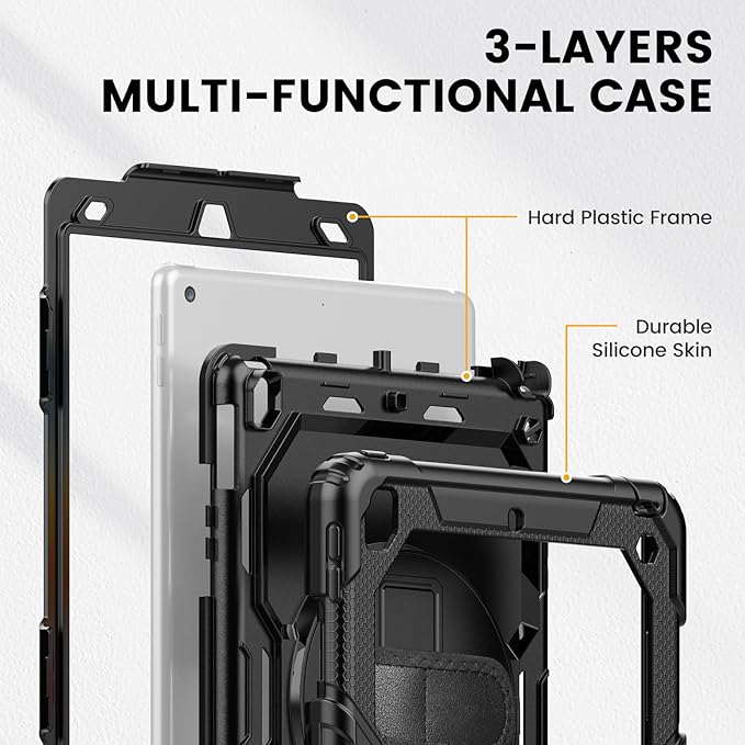 Timecity Case for iPad 9th/ 8th/ 7th Generation 10.2 inch - Heavy Duty Protective Cover with Screen Protector, Rotating Stand, Shoulder Strap & Pencil Holder | Kids-Friendly (Black)