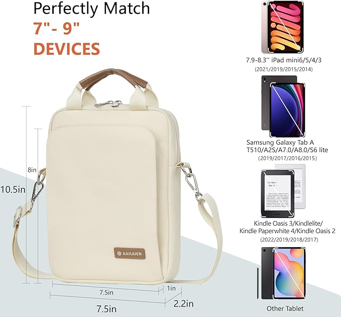 7-9 Inch Tablet Sleeve Bag, Ipad Bag for iPad mini 6/5/4/3/2,Samsung Galaxy Tab A7 Lite 8.7" / Tab A 8.0",Kindle 2022/10/9/8/7/6,eReader,with Removable Shoulder Strap (Beige)