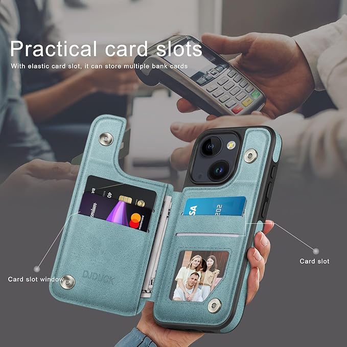 DJDUCK Designed for iPhone 14 Case Wallet with Card Holder, [Magnetic Clasp Cover] [RFID Blocking Leather Protection] Shockproof Women Men Cases 6.1 Inch for Apple 14 Sky Blue