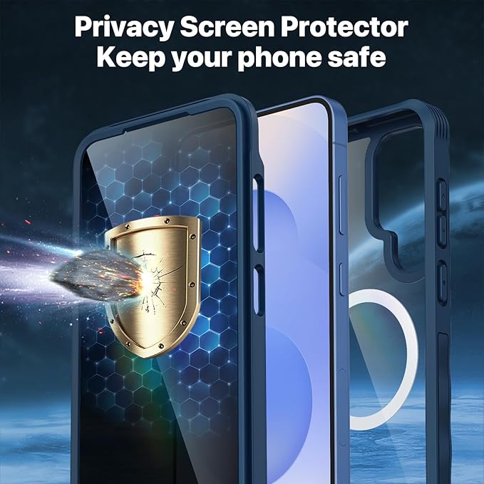 CENHUFO Magnetic Privacy for Samsung Galaxy S25 Case, Full Body Phone Case with Built-in 9H Tempered Glass Privacy Screen Protector and Camera Lens Cover, Shockproof Protective Clear Bumper -Blue