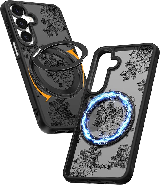 for Samsung Galaxy A16 4G/5G Case with 360° Rotatable Magnetic Ring - Semi-Transparent Anti-Fingerprint Soft-Touch Material Shockproof, Cute Line Art Flower Design for Women Girl