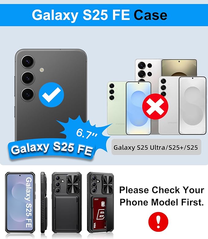 for Samsung Galaxy S25 FE Case Wallet, Card Holder (4-5 Cards), Slide Camera Cover, Military Drop Protection, Rugged Heavy Duty Men Women Protective Phone Case for Galaxy S25 FE 6.7" 2025, Black
