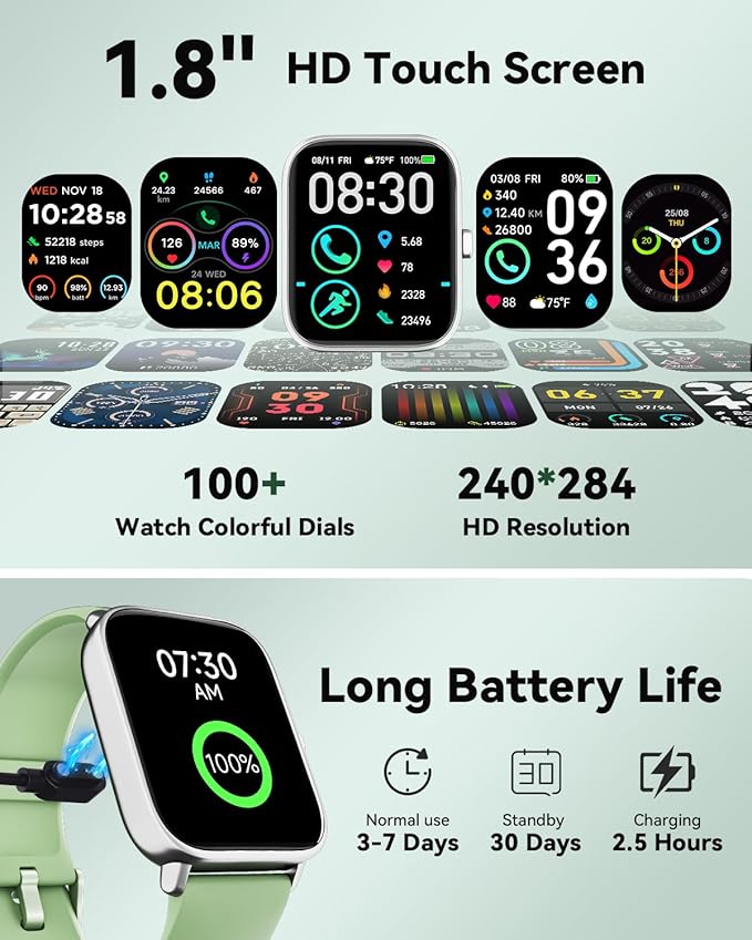 Smart Watches for Women/Men, Smart Watch for Android Phones and iPhone Compatible, Alexa Built-in, 1.8" Fitness Watches for Women, IP68 Waterproof/Bluetooth Call, Heart Rate/Sleep Monitor, Green