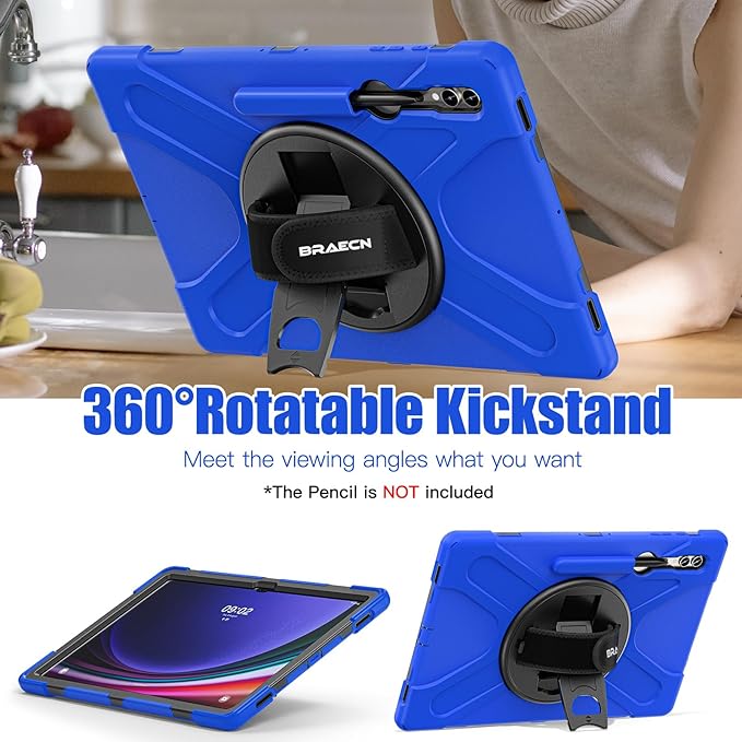 BRAECNstock for Samsung Galaxy Tab S10 Ultra/ S9 Ultra/ S8 Ultra Case 14.6" Shockporoof Protective Heavy Duty Kids Case with Pencil Holder [360 Rotating Strap]& Stand, Shoulder Strap, Blue