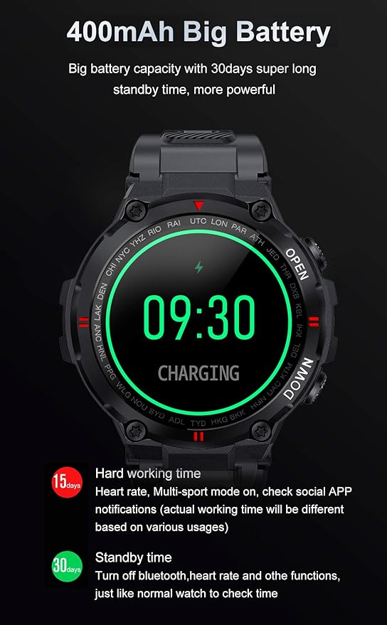 1.28" IPS Tactical Smart Watch for Men Activity Fitness Tracker with 400mAH Large Battery Outdoor Bluetooth Call Heart Rate Sleep Monitor Pedometer IP68 Waterproof Sport Watch for Android iOS