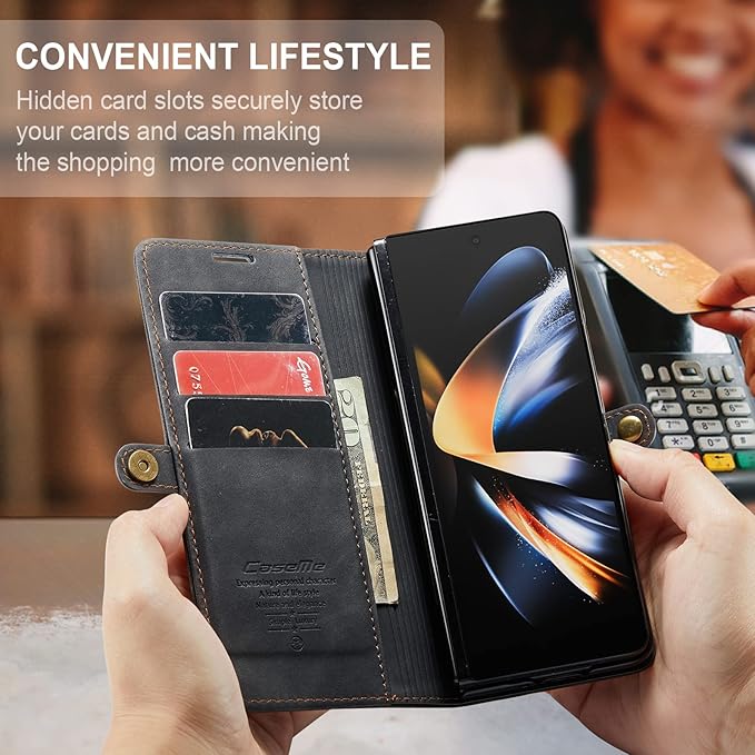 for Samsung Galaxy Z Fold4 Case, Flip Wallet Leather Case with Card Holder Magnetic Closure Shockproof Kickstand Protective Phone Cases Cover for Samsung Galaxy Z Fold4,Black