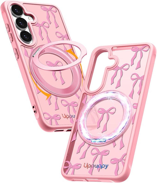 for Samsung Galaxy S25 Case with 360° Rotatable Magnetic Ring - Compatible with MagSafe, Semi-Transparent Soft-Touch Material Shockproof, Cute Pink Ribbon Bow Design for Women Girl