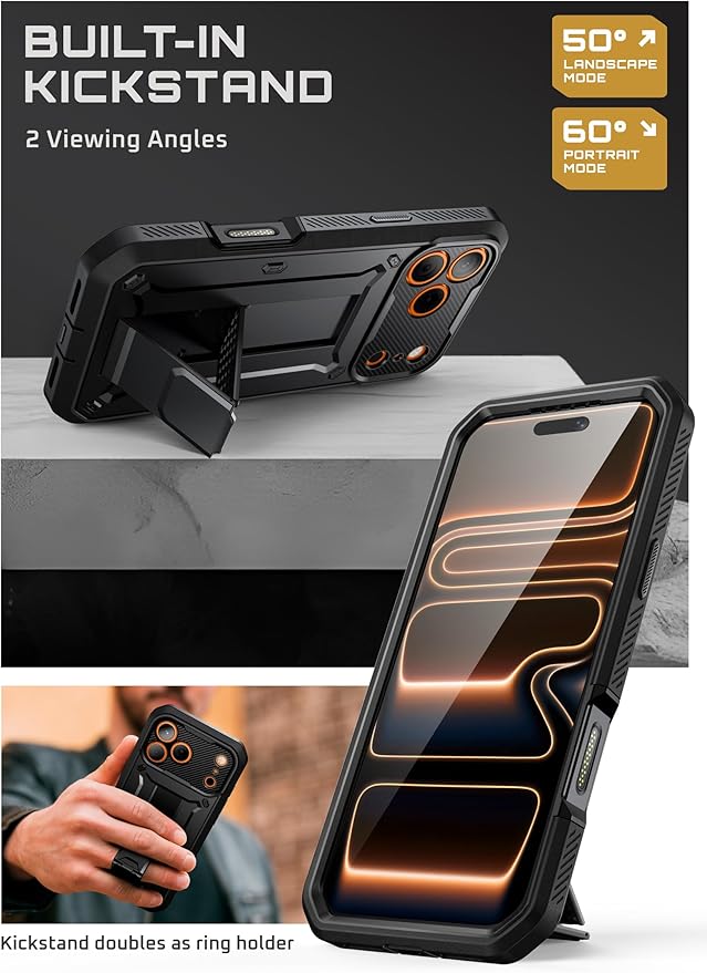 SUPCASE for iPhone 17 Pro Max Case with Camera Control Button (Unicorn Beetle Pro), [Built-in Kickstand & Screen Protector] [Military-Grade Protection] Full Body Heavy Duty Phone Case, Black