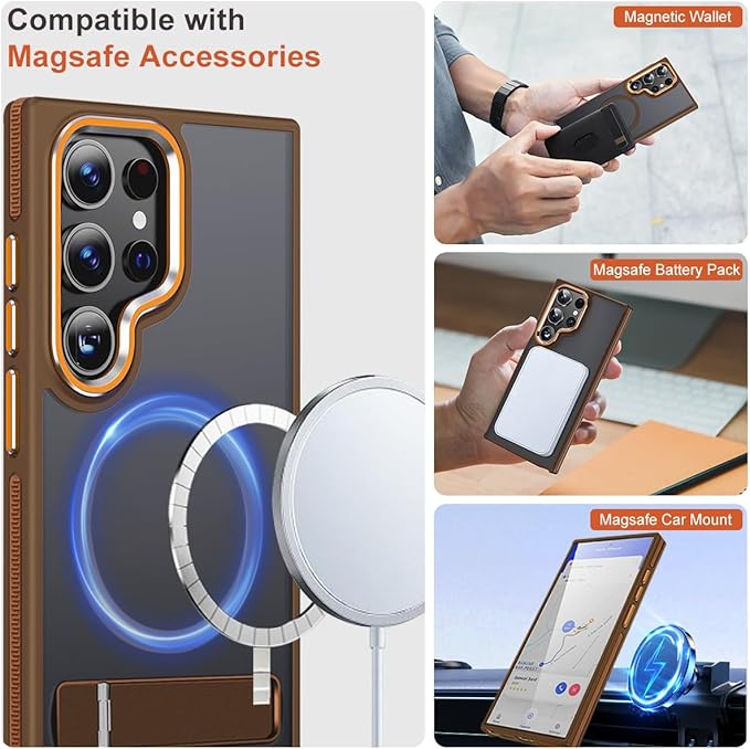 Case for Samsung Galaxy S24 Ultra, Compatible with Magsafe, [Invisible & Adjustable Stand] for Matte Translucent Cover, Anti-Slip Shockproof Slim Phone Case for Galaxy S24 Ultra (Brown)