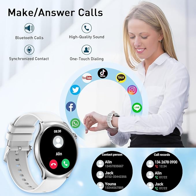 Smart Watch for Women, 1.43" HD AMOLED Bluetooth Call Smartwatch Compatible Android iPhone Phones with Fitness Tracker Counter/Heart Rate/Sleep Monitor/120+ Sports/IP68 Waterproof, Silver 2 Bands