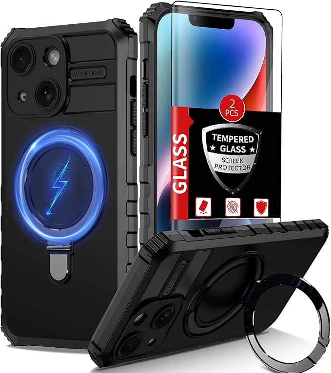 Magnetic for iPhone 14 Case [ Compatible with MagSafe Wireless Charging ] for 14 Case with 2 Screen Protectors,Built-in Kickstand Ring,Military Grade Shockproof Heavy Duty Protection,Black