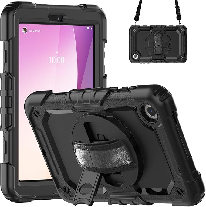 for Lenovo Tab M8 Case 4th Gen 2023 (TB-300FU) Case, with Screen Protector, Hand Strap, Shoulder Strap, Rotating Stand for Lenovo M8 8.0 Inch 2023 Release Black