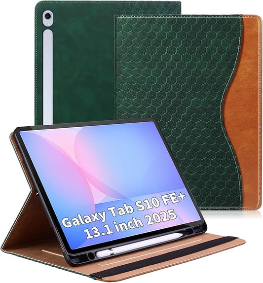 Case for Samsung Galaxy Tab S10 Fe Plus 13.1" 2025, PU Leather Folio Business Protective, Multi-Angle Viewing Stand with Front Pocket, Hand Strap for Galaxy S10 FE+ Retro Green