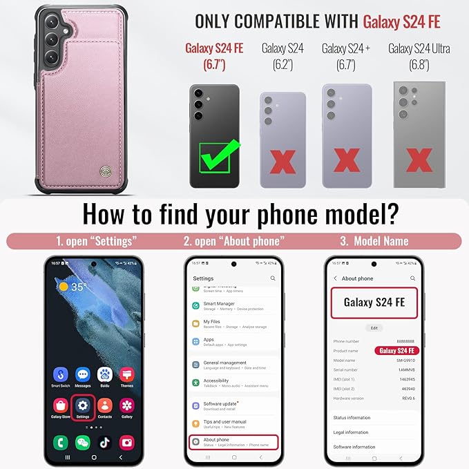 Vinich for Samsung Galaxy S24 FE Wallet Case with Card Holder, RFID Blocking Credit Slots Kickstand Shockproof Phone Cover for Women Men, Pink