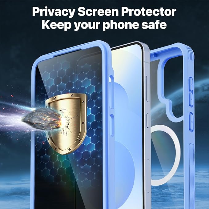 CENHUFO Magnetic Privacy for Samsung Galaxy S25 Case, Full Body Phone Case with Built-in 9H Tempered Glass Privacy Screen Protector and Camera Lens Cover, Shockproof Protective Bumper - Light Blue