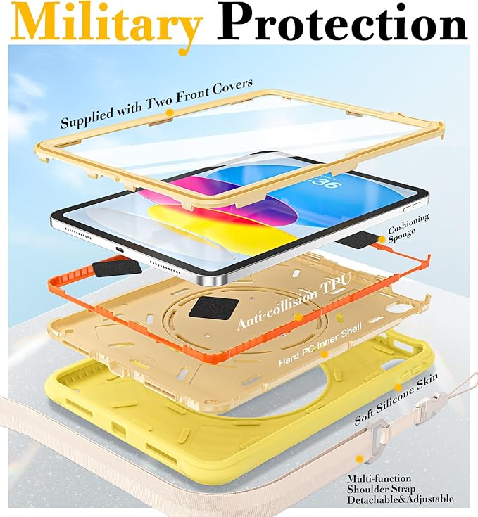 BRAECN Ripple Case for iPad (A16)11th/10th Generation 11/10.9 inch 2025/2022 Zinc Alloy Handle Ring Stand Protective Heavy Duty Screen Protector 360°Rotating 180°Folding Shoulder Strap Full-Body Cover