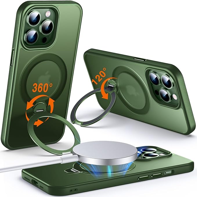 360° O-Ring MagStander for iPhone 13 Pro Case with Magnetic Kickstand Ring Holder [Compatible with MagSafe][360°Rotate Stand Ring][Military Shockproof] iPhone 13 Pro Phone Cover Matte Green