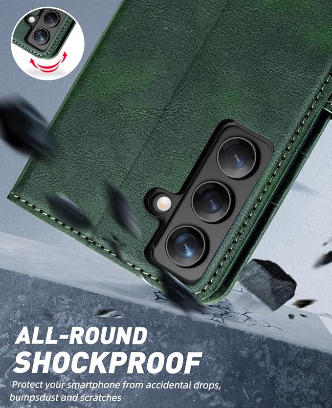 OCASE Compatible with Galaxy S24 5G Wallet Case, PU Leather Flip Folio Case with Card Holders RFID Blocking Kickstand [Shockproof TPU Inner Shell] Phone Cover (2024), Blackish Green