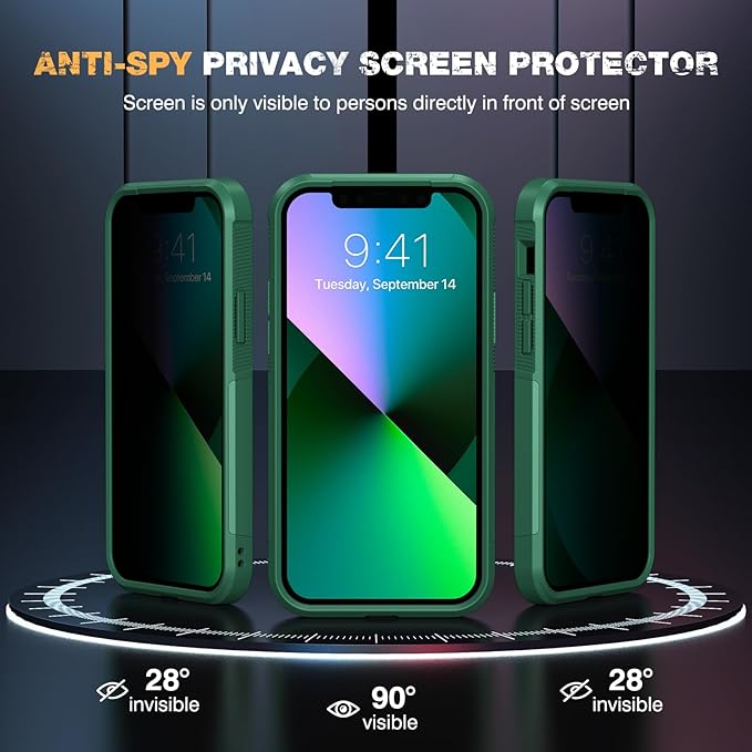 Diaclara Designed for iPhone 13 Case, [with Privacy Screen Protector] [Anti Spy] [Military Grade Drop Protection] Heavy Duty Full-Body Shockproof Phone Case, Green