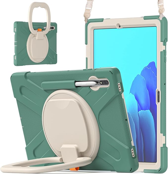 360 Rotation Portable Case for Galaxy Tab S8+/S7 FE/S7+ 12.4 Inch Case with S Pen Holder Rugged Case Rotating Stand Hand Strap Shoulder Carrying Strap Outdoor Cover (DarkGreen)