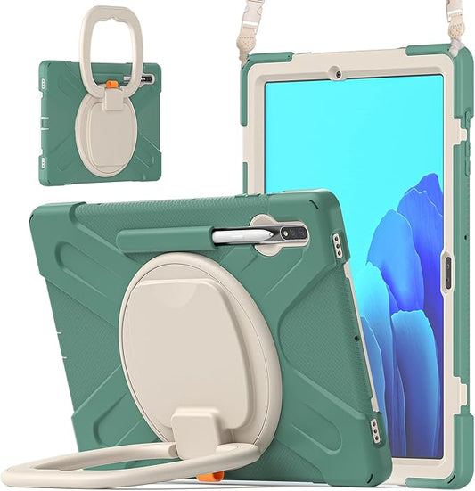 360 Rotation Portable Case for Galaxy Tab S8+/S7 FE/S7+ 12.4 Inch Case with S Pen Holder Rugged Case Rotating Stand Hand Strap Shoulder Carrying Strap Outdoor Cover (DarkGreen)
