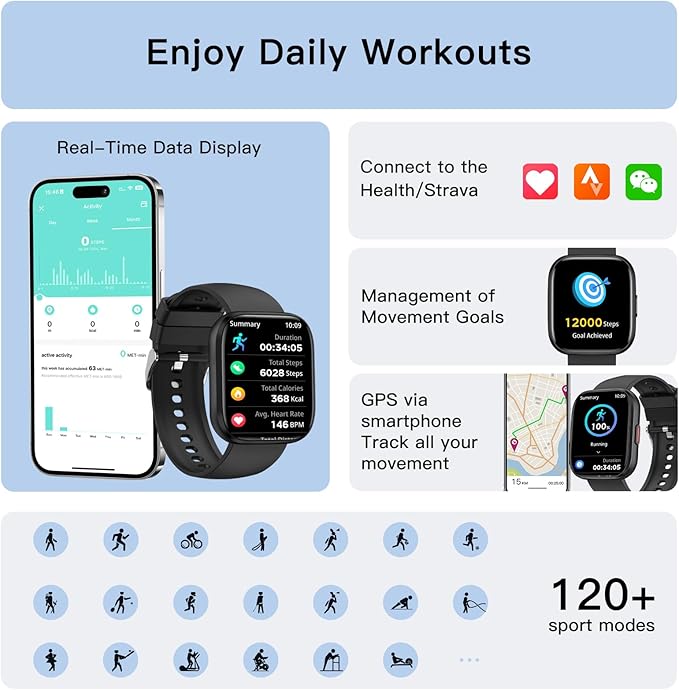 Smart Watches for Men Women Answer/Make Call, 1.85" Fitness Watch with 120+ Sports Modes, Heart Rate/Blood Oxygen/Activity Tracker, Pedometer, IP68 Smartwatch for iOS Android Samsung (Black, 1.85”)