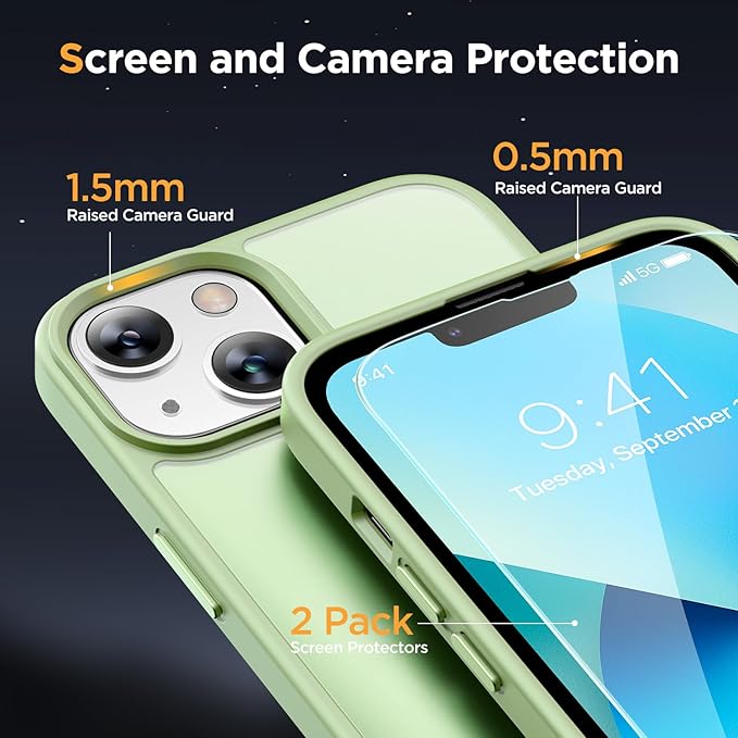 Miracase Magnetic for iPhone 13 Case 6.1 inch (Compatible with MagSafe)（with 2X Screen Protectors） Military-Grade Protection, Anti-Fingerprint Translucent Matte Phone Case Cover, Light Green