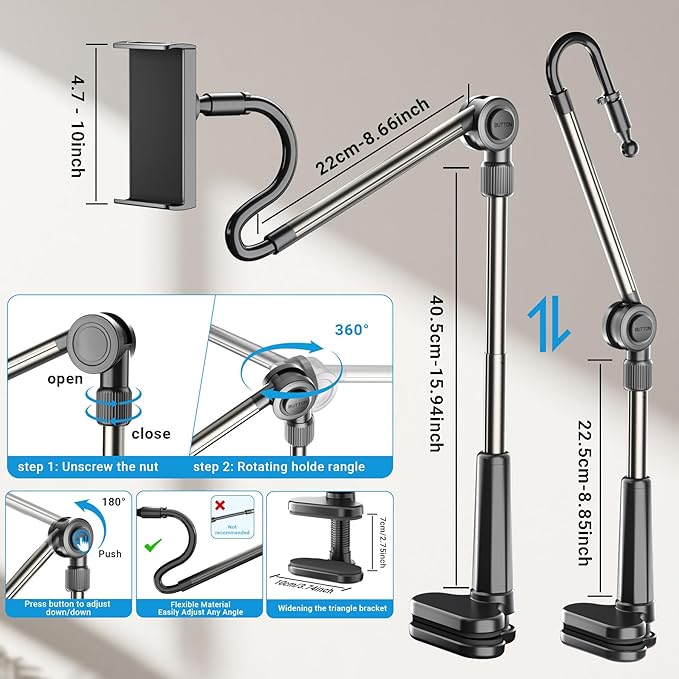 Desk Tablet Holder for iPad Pro, No Stiff Easy Adjust Arm Phone and Tablet Stand for Bed, Ereader Accessories Compatible with Kindle iPhone, iPad Pro/Mini/Air, Smartphones