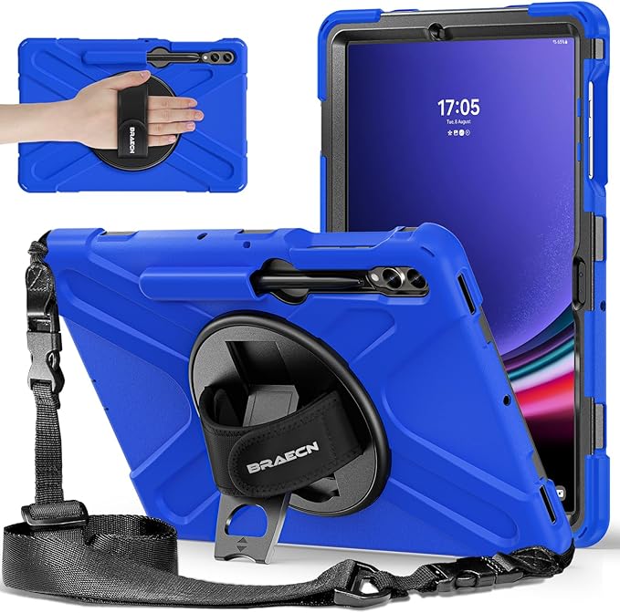 BRAECNstock Case for Samsung Galaxy Tab S10+ Plus/ S9 FE+ Plus/ S9+ Plus/ S8+ Plus/ S7 FE/ S7+ Plus 5G 12.4 inch Shockproof Protective Kids Cover with Pen Holder Rotating Hand Strap & Stand - Blue