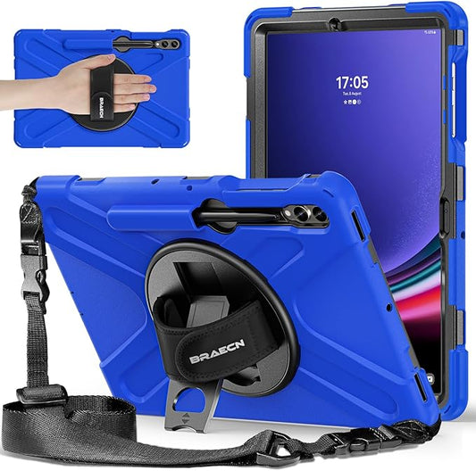 BRAECNstock Case for Samsung Galaxy Tab S10+ Plus/ S9 FE+ Plus/ S9+ Plus/ S8+ Plus/ S7 FE/ S7+ Plus 5G 12.4 inch Shockproof Protective Kids Cover with Pen Holder Rotating Hand Strap & Stand - Blue