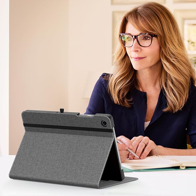 MoKo Case for Samsung Galaxy Tab A9 Plus 11" 2023 (SM-X210/SM-X216/SM-X218), PU Leather Multi-Angle Viewing Folding Stand Cover Case with Hand Strap, Front Pocket, Auto Wake/Sleep, Denim Grey & Brown